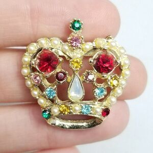Vintage Rhinestone Crown Brooch, Colorful Faux Pearl Retro Estate Lapel Pin